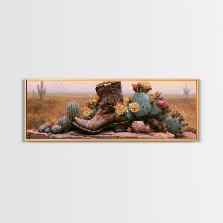 Western Boot with Cactus Blossoms Canvas Print, Southwestern Art, Landscape Art, Southwestern Decor, Mesa, Statement Artwork, SOU-3x1-33