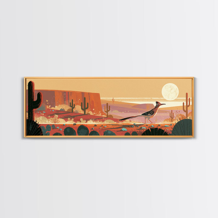 Roadrunner under a Pale Desert Moon Canvas Print, Southwestern Art, Textured Painting, Southwestern Decor, Watercolor Art, Mesa, SOU-3x1-48