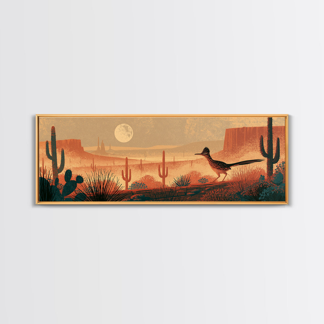 Roadrunner under a Pale Desert Moon Canvas Print, Southwestern Art, Textured Painting, Southwestern Decor, Watercolor Art, Mesa, SOU-3x1-96