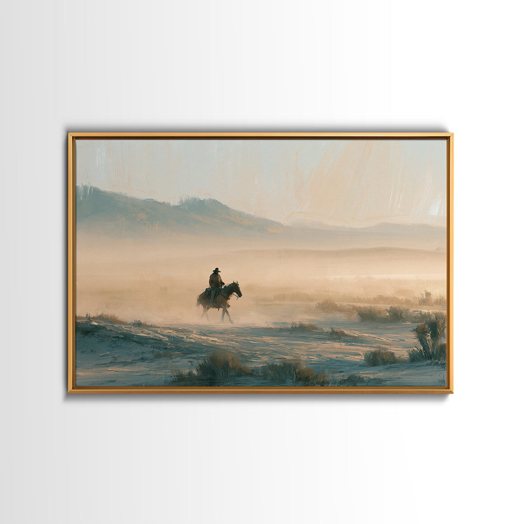 Horse Rider Crossing Desert at Dusk Framed Canvas Print, Southwestern Art, Rustic Home Decor, Southwestern Decor, SOU-3x2-71