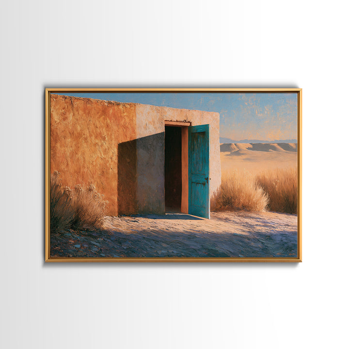 Adobe Doorway with Turquoise Blue Shadow Framed Canvas Print, Southwestern Art, Fine Art Print, Southwestern Decor, Mesa, SOU-3x2-81