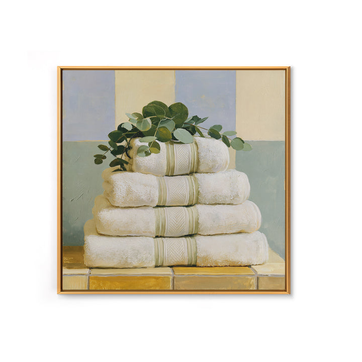White Towels and Eucalyptus Without Room Context Framed Canvas Print, Spa Art, City Art, Spa Decor, Watercolor Art, Serenity, SPA-1x1-24