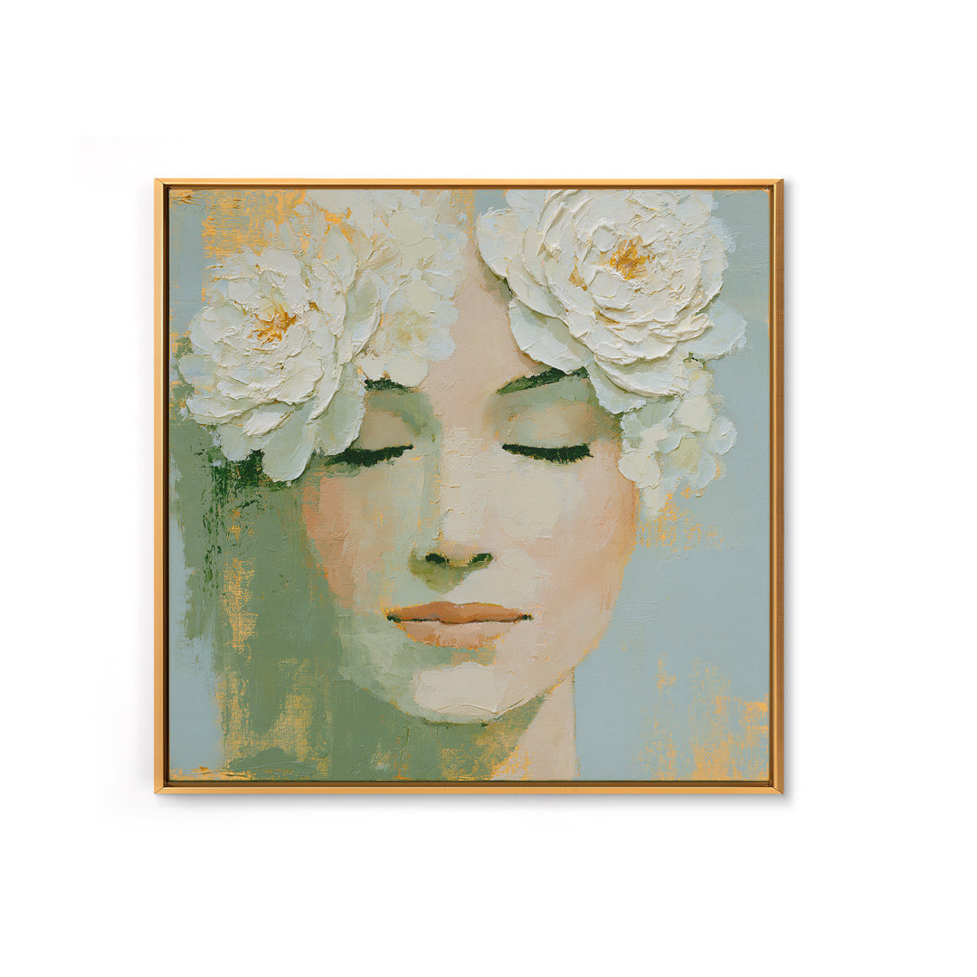 Minimal Face with Closed Eyes and Flowers Framed Canvas Print, Spa Art, Dog Groomer Gifts, Spa Decor, Fine Art, Serenity, SPA-1x1-43