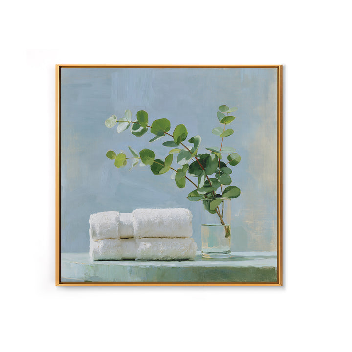 White Towels and Eucalyptus Without Room Context Framed Canvas Print, Spa Art, Wall Decor, Spa Decor, Fine Art, Serenity, SPA-1x1-48