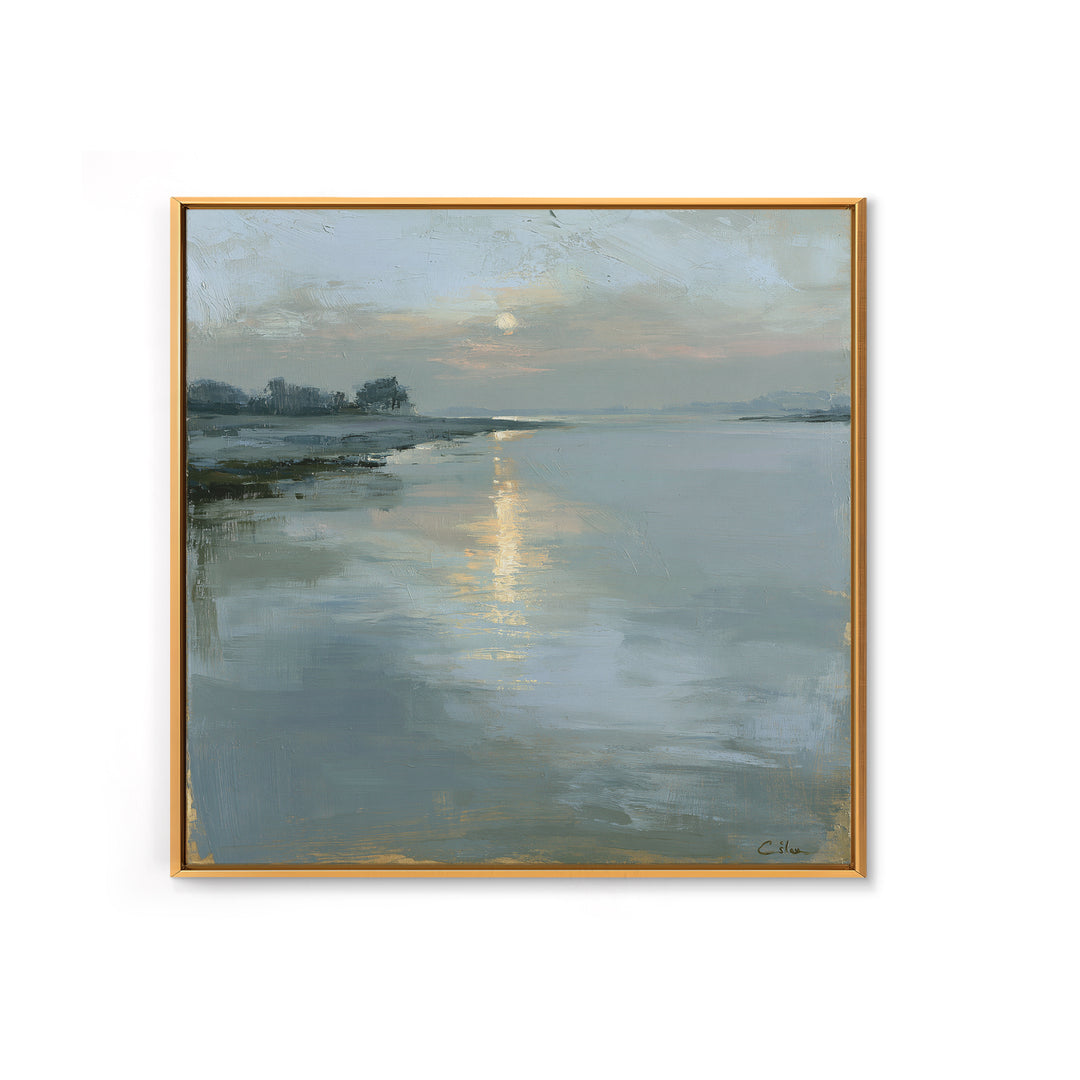 Moonlit Lake Reflection Framed Canvas Print, Spa Art, Tarot Card Art, Spa Decor, Fine Art, Serenity, Textured Painting, SPA-1x1-71