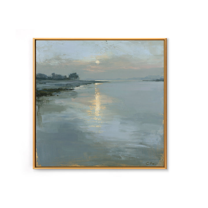 Moonlit Lake Reflection Framed Canvas Print, Spa Art, Tarot Card Art, Spa Decor, Fine Art, Serenity, Textured Painting, SPA-1x1-71