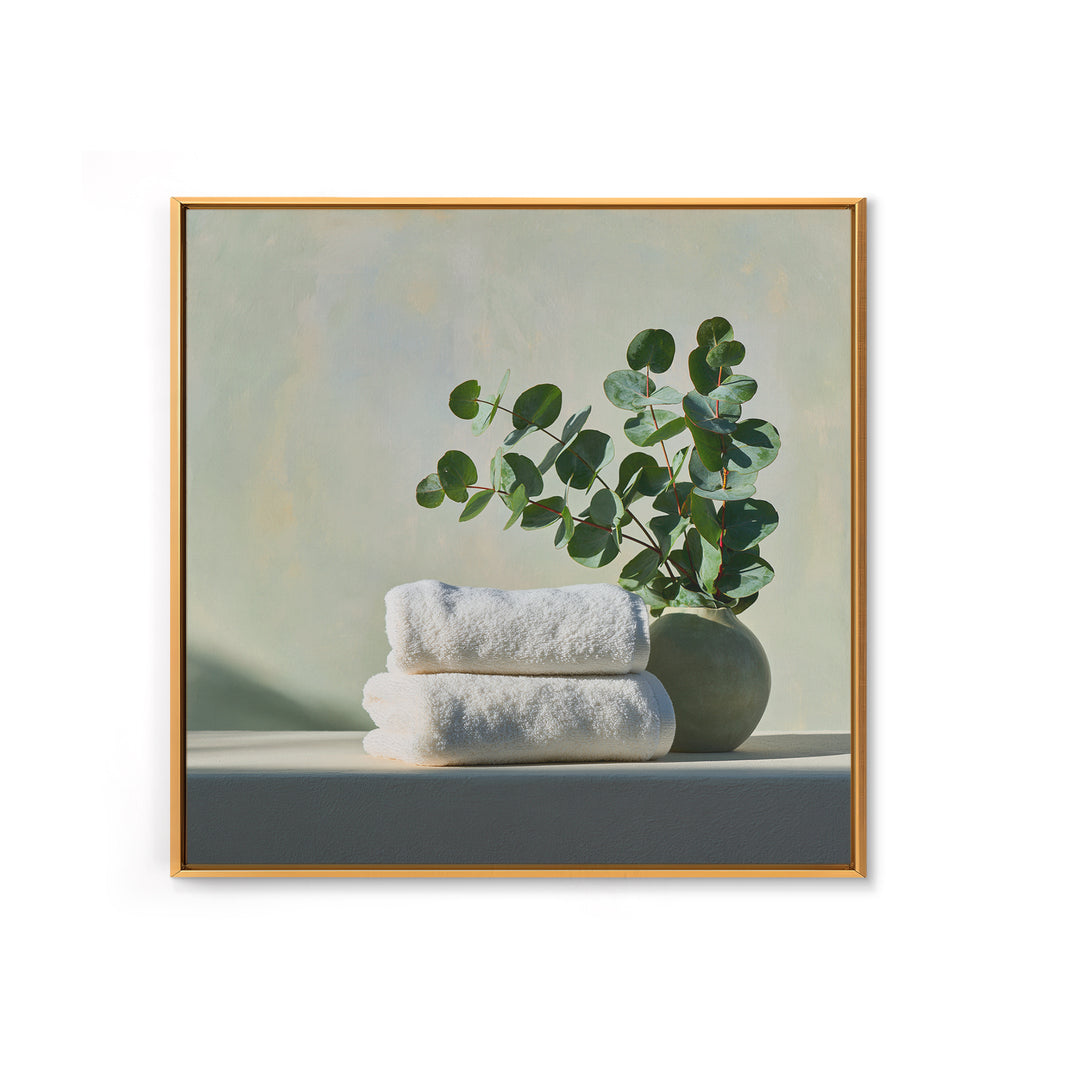 White Towels and Eucalyptus Without Room Context Framed Canvas Print, Spa Art, Wall Art Print, Spa Decor, Fine Art, Serenity, SPA-1x1-96