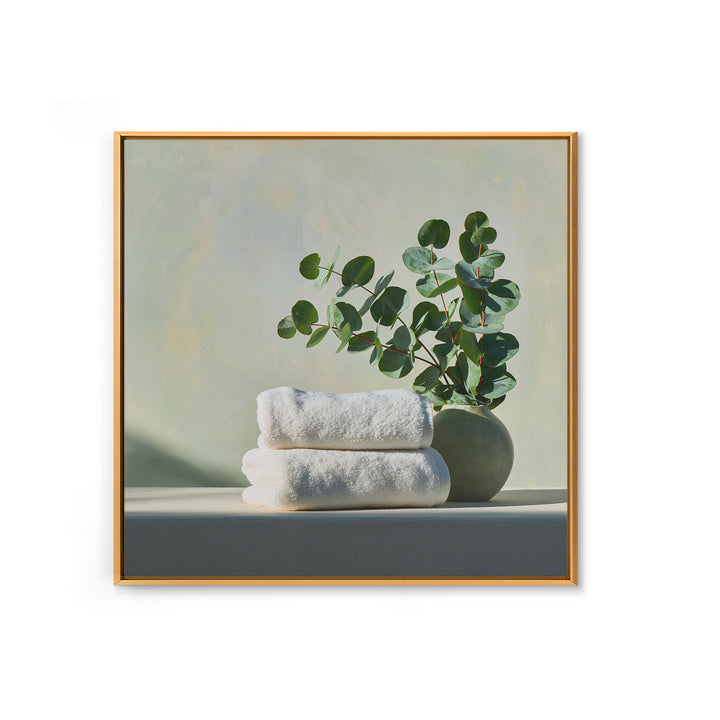 White Towels and Eucalyptus Without Room Context Framed Canvas Print, Spa Art, Wall Art Print, Spa Decor, Fine Art, Serenity, SPA-1x1-96