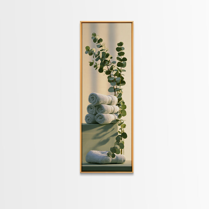 White Towels and Eucalyptus Without Room Context Canvas Print, Spa Art, Wall Art, Spa Decor, Oil Painting, Serenity, SPA-1x3-12