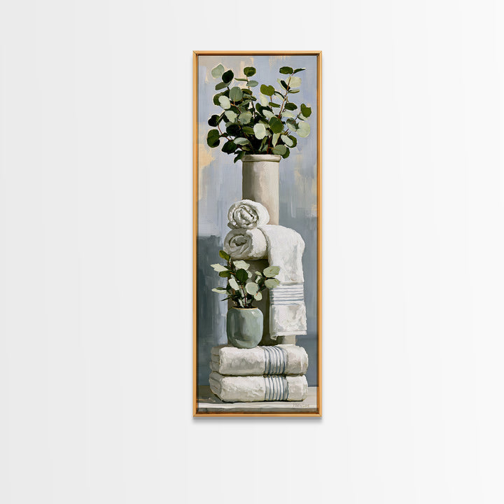 White Towels and Eucalyptus Without Room Context Framed Canvas Print, Spa Art, Wall Art Print, Spa Decor, Fine Art, Serenity, SPA-1x3-36