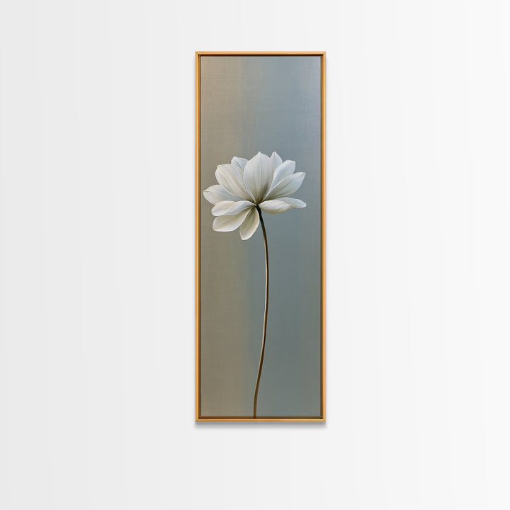 Single White Flower on Linen Ground Framed Canvas Print, Spa Art, Room Decor, Spa Decor, Fine Art, Serenity, Nature Prints, SPA-1x3-53