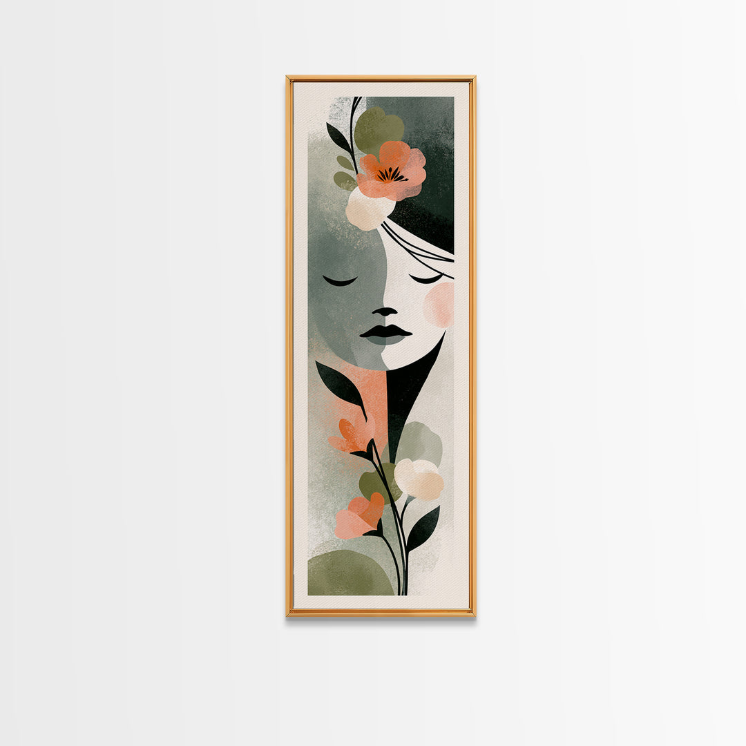 Minimal Face with Closed Eyes and Flowers Framed Canvas Print, Spa Art, Esthetician Decor, Spa Decor, Oil Painting, Serenity, SPA-1x3-79