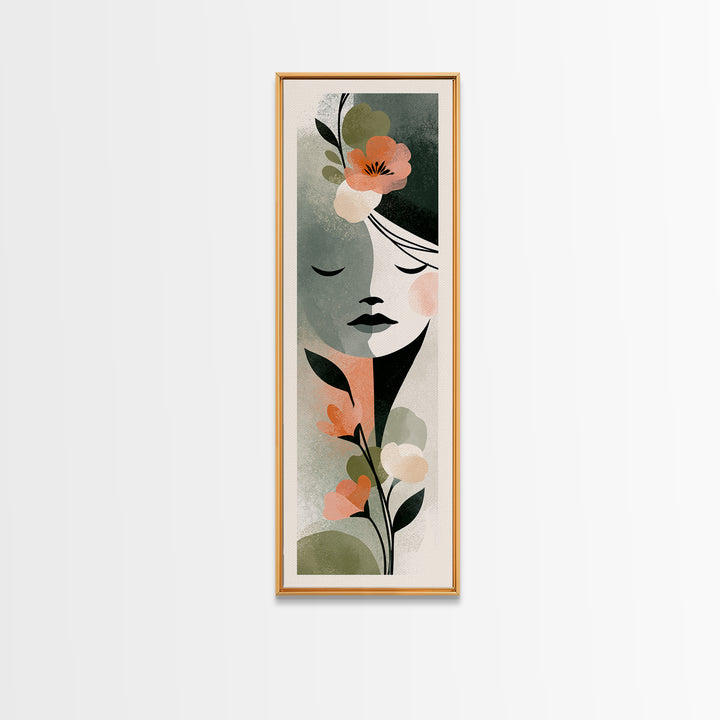 Minimal Face with Closed Eyes and Flowers Framed Canvas Print, Spa Art, Esthetician Decor, Spa Decor, Oil Painting, Serenity, SPA-1x3-79