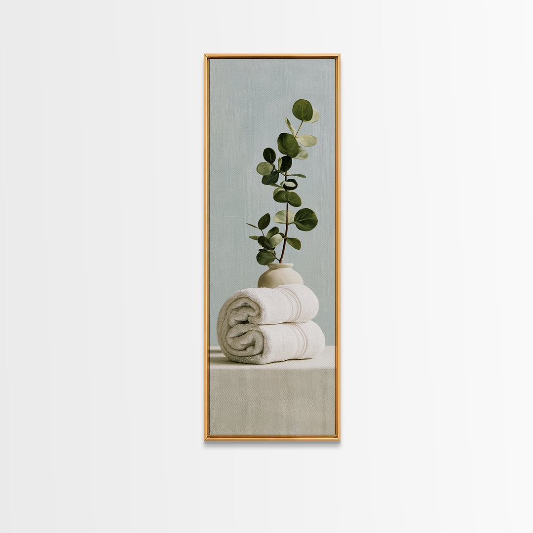 White Towels and Eucalyptus Without Room Context Framed Canvas Print, Spa Art, Fine Art Photography, Spa Decor, Serenity, SPA-1x3-84