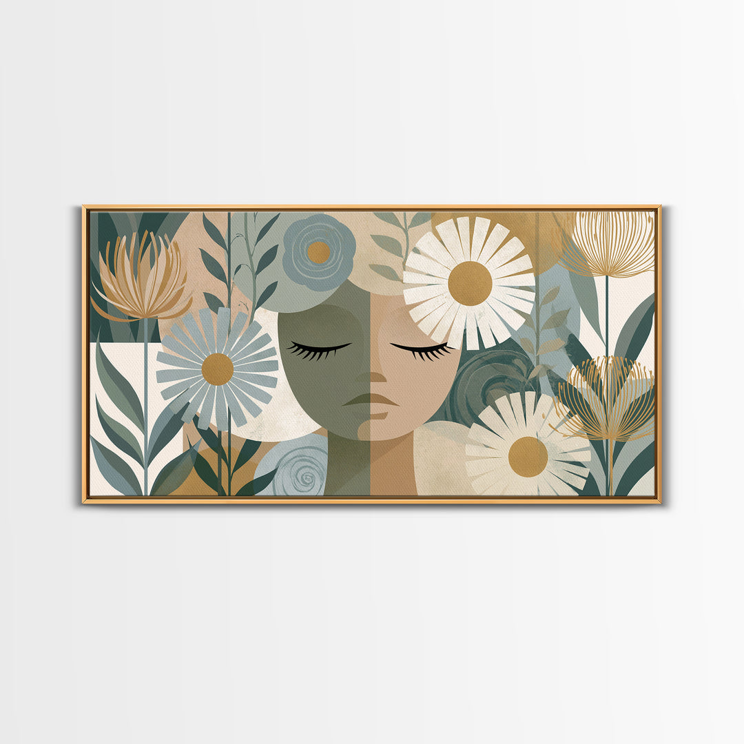 Minimal Face with Closed Eyes and Flowers Framed Canvas Print, Spa Art, Home Decor, Spa Decor, Fine Art, Serenity, Dog Wall Art, SPA-2x1-15