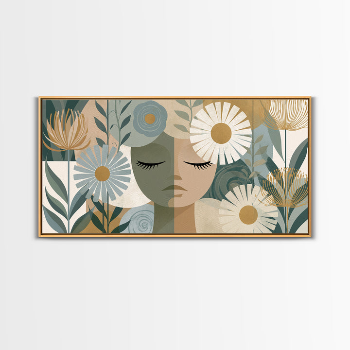Minimal Face with Closed Eyes and Flowers Framed Canvas Print, Spa Art, Home Decor, Spa Decor, Fine Art, Serenity, Dog Wall Art, SPA-2x1-15