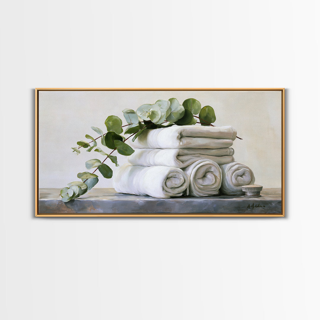 White Towels and Eucalyptus Without Room Context Framed Canvas Print, Spa Art, Statement Artwork, Spa Decor, Fine Art, Serenity, SPA-2x1-20