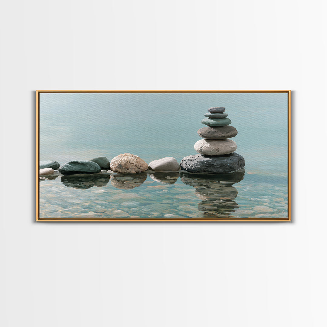 Stacked Stones Beside Calm Water Canvas Print, Spa Art, Black Woman Art, Spa Decor, Oil Painting, Serenity, Modern Home Decor, SPA-2x1-21