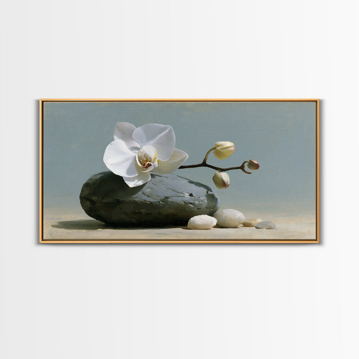 White Orchid on Smooth Gray Stone Canvas Print, Spa Art, Room Decor, Spa Decor, Serenity, Nature Prints, Travel Poster, SPA-2x1-22