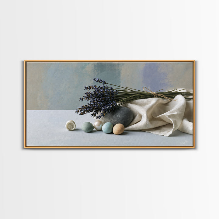 Lavender Bundle with Soft Shadow Framed Canvas Print, Spa Art, Boho Decor, Spa Decor, Oil Painting, Serenity, Printable Art, SPA-2x1-27