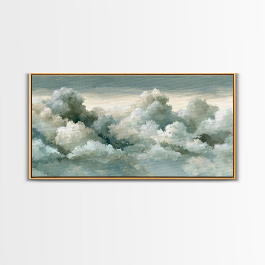 Soft Cloudscape in Cream and Sage Framed Canvas Print, Spa Art, Printable Wall Art, Spa Decor, Serenity, Feminine Wall Art, SPA-2x1-33