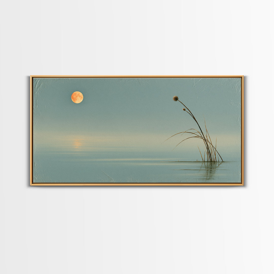 Moonlit Lake Reflection Framed Canvas Print, Spa Art, Botanical Art, Spa Decor, Oil Painting, Serenity, Fashion Wall Art, SPA-2x1-43