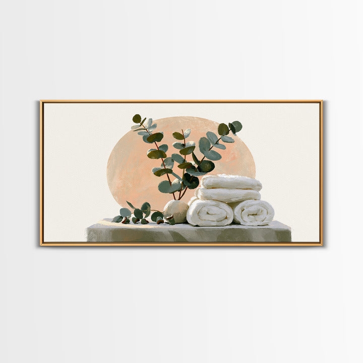 White Towels and Eucalyptus Without Room Context Canvas Print, Spa Art, Textured Painting, Spa Decor, Abstract Art, Serenity, SPA-2x1-44