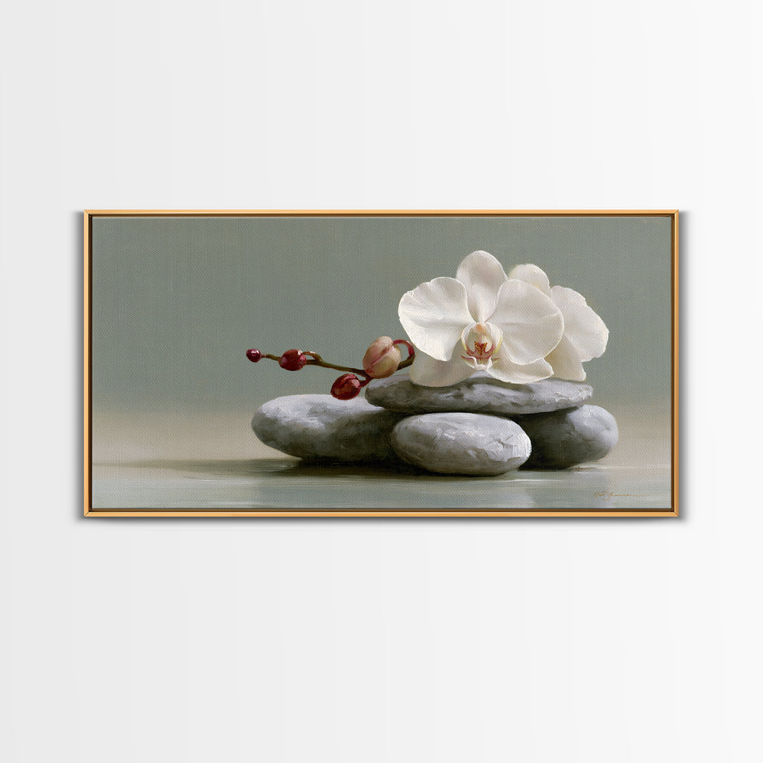 White Orchid on Smooth Gray Stone Framed Canvas Print, Spa Art, Art, Spa Decor, Serenity, Abstract Print, Minimalist Art, SPA-2x1-46
