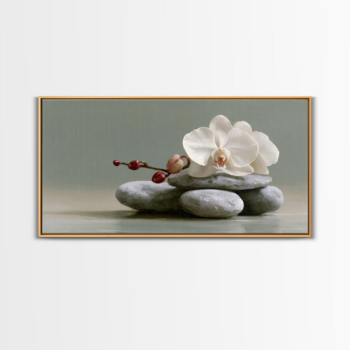 White Orchid on Smooth Gray Stone Framed Canvas Print, Spa Art, Art, Spa Decor, Serenity, Abstract Print, Minimalist Art, SPA-2x1-46