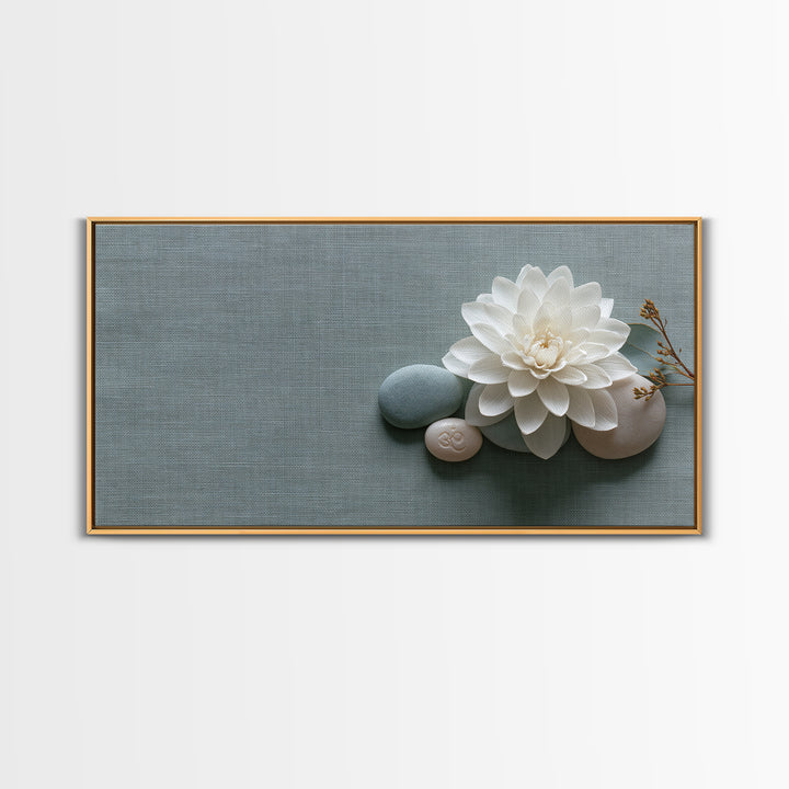 Single White Flower on Linen Ground Canvas Print, Spa Art, Abstract, Spa Decor, Fine Art, Serenity, City Art, Spa Wall Art, SPA-2x1-61