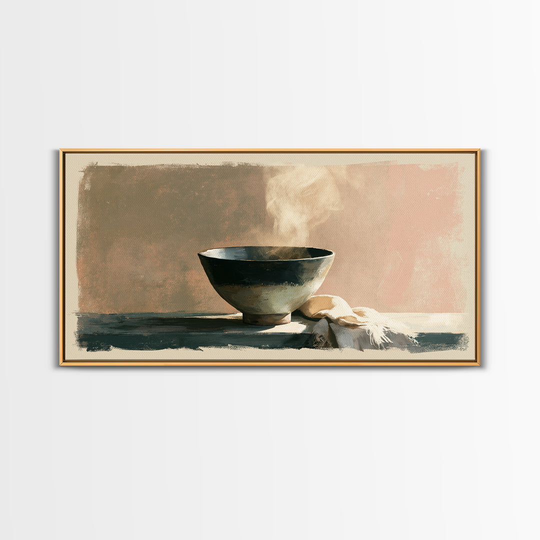 Tea Bowl and Steam Still Life Canvas Print, Spa Art, Spa Decor, Watercolor Art, Serenity, Dog Wall Art, Abstract Print, SPA-2x1-66