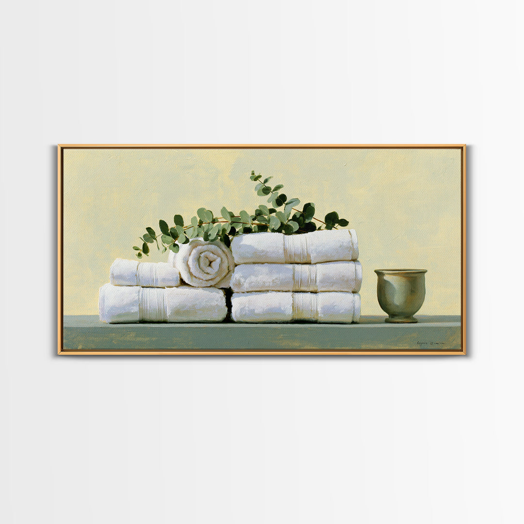 White Towels and Eucalyptus Without Room Context Canvas Print, Spa Art, Nature Prints, Spa Decor, Watercolor Art, Serenity, SPA-2x1-68