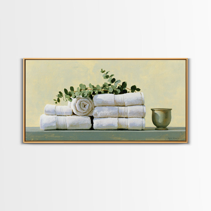 White Towels and Eucalyptus Without Room Context Canvas Print, Spa Art, Nature Prints, Spa Decor, Watercolor Art, Serenity, SPA-2x1-68