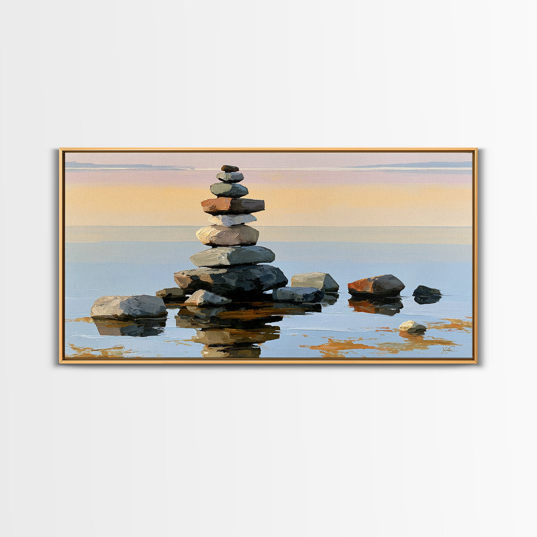Stacked Stones Beside Calm Water Canvas Print, Spa Art, Animal Art, Spa Decor, Fine Art, Serenity, Gallery Decor, Neutral Decor, SPA-2x1-69