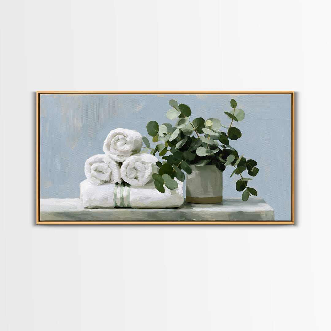 White Towels and Eucalyptus Without Room Context Framed Canvas Print, Spa Art, Abstract Print, Spa Decor, Oil Painting, SPA-2x1-92