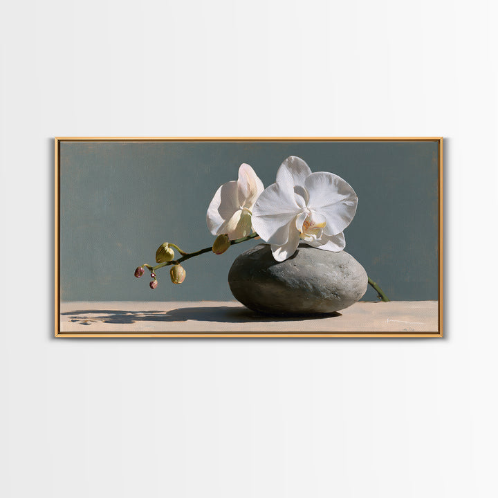 White Orchid on Smooth Gray Stone Canvas Print, Spa Art, Botanical Art, Spa Decor, Fine Art, Serenity, Fashion Wall Art, SPA-2x1-94