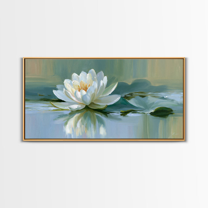 Lotus Flower Floating on Still Pond Framed Canvas Print, Spa Art, Dog Groomer Gifts, Spa Decor, Serenity, Fine Art Print, SPA-2x1-96