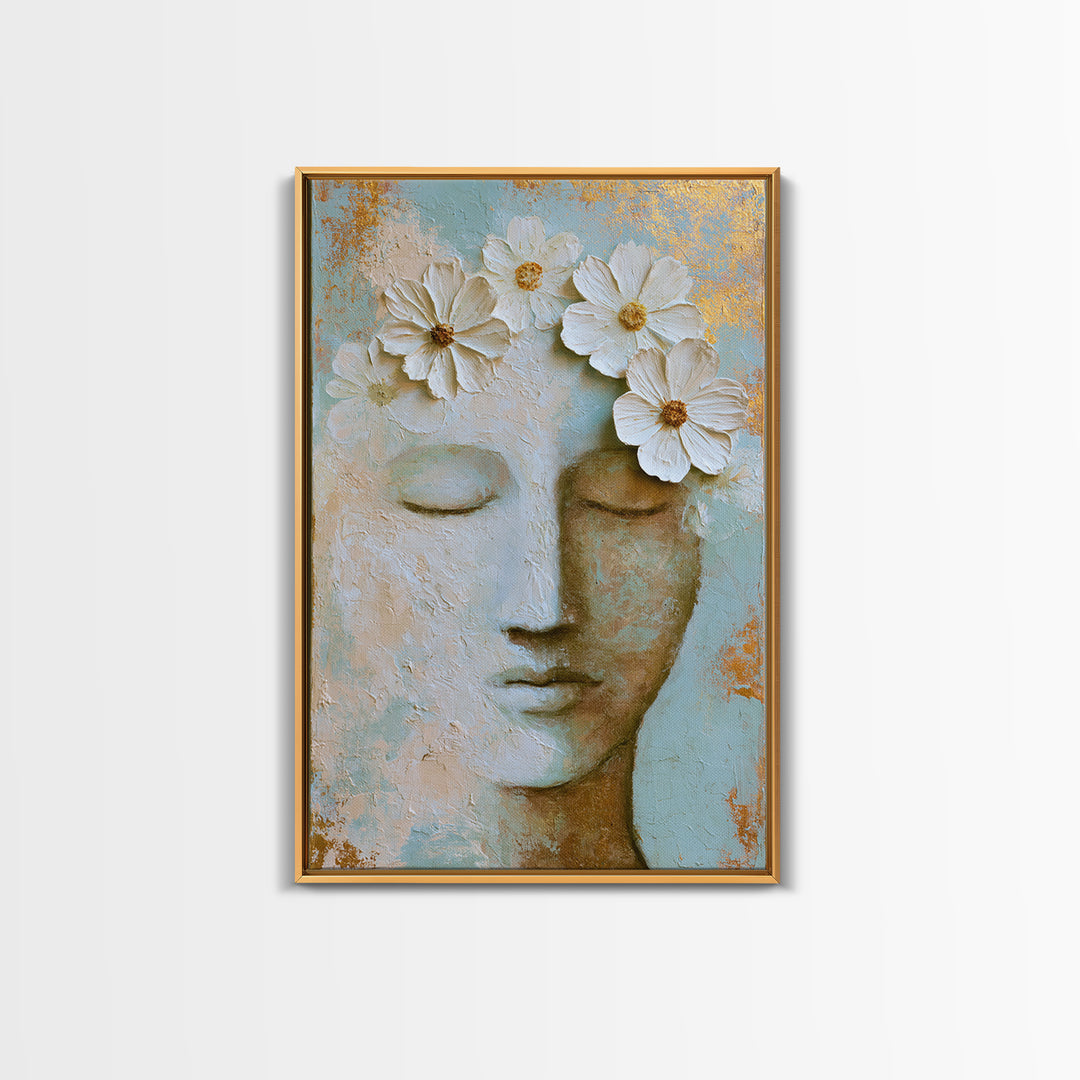 Minimal Face with Closed Eyes and Flowers Framed Canvas Print, Spa Art, Art Print, Spa Decor, Watercolor Art, Serenity, SPA-2x3-3