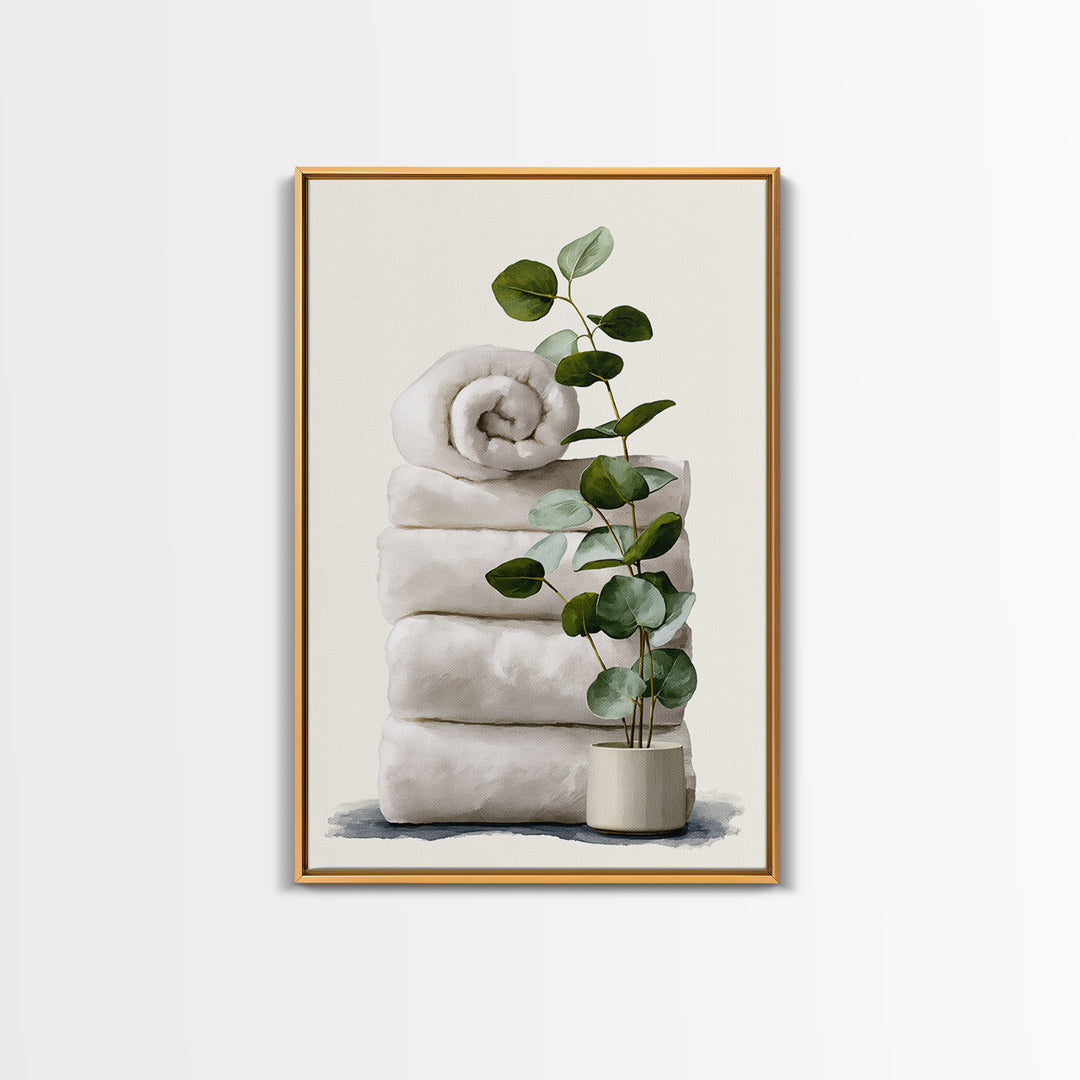 White Towels and Eucalyptus Without Room Context Canvas Print, Spa Art, Statement Artwork, Spa Decor, Fine Art, Serenity, SPA-2x3-32