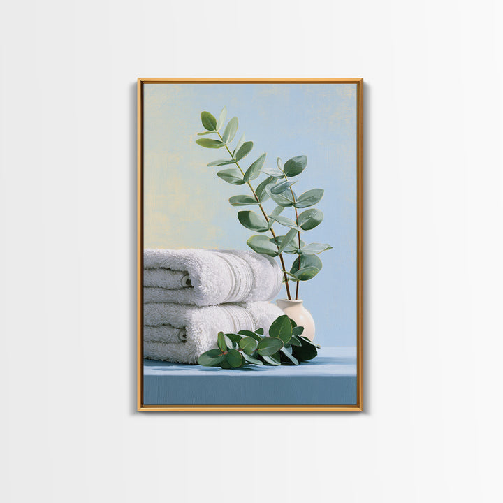 White Towels and Eucalyptus Without Room Context Framed Canvas Print, Spa Art, Spa Decor, Abstract Art, Serenity, SPA-2x3-56