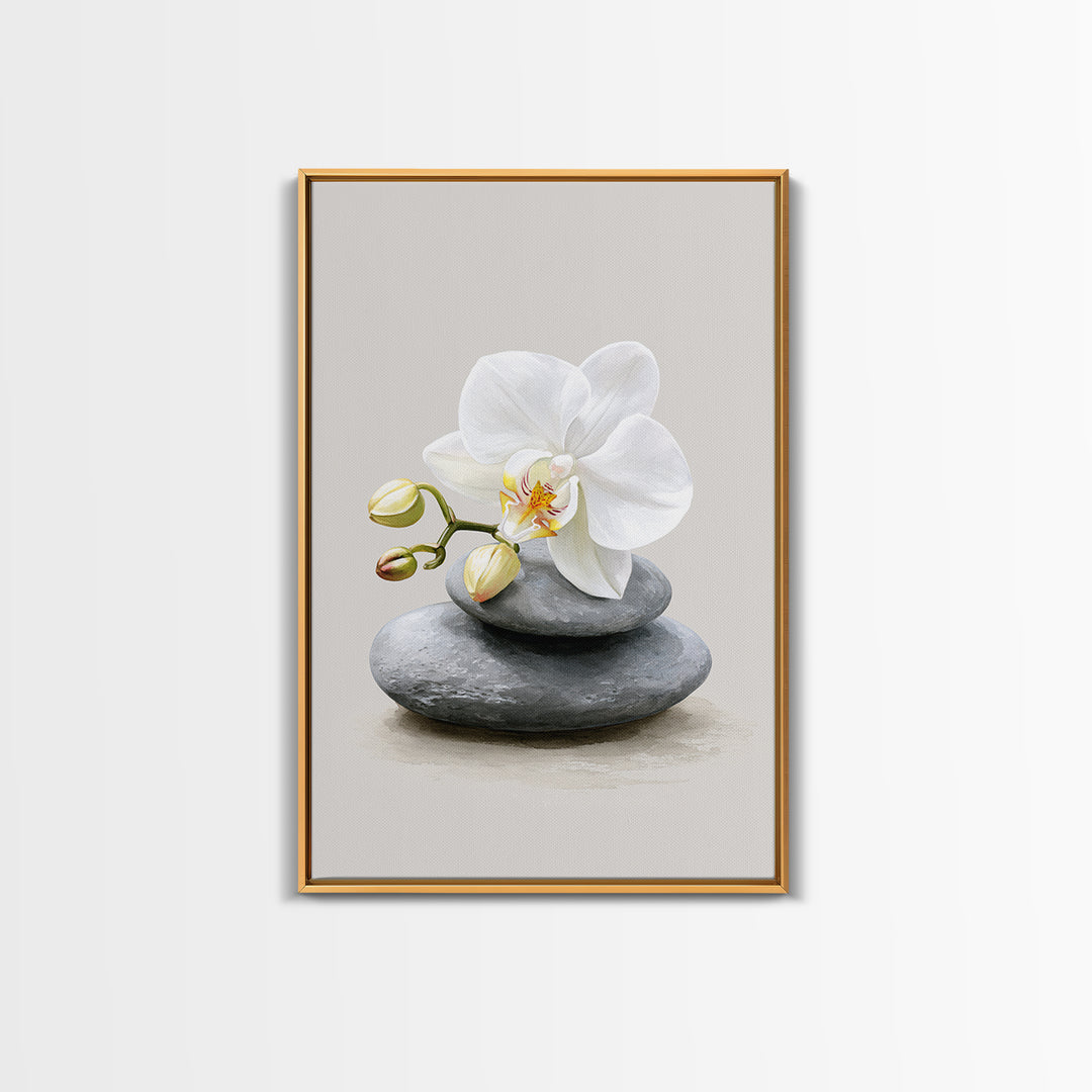 White Orchid on Smooth Gray Stone Canvas Print, Spa Art, Abstract, Spa Decor, Fine Art, Serenity, City Art, Spa Wall Art, SPA-2x3-58