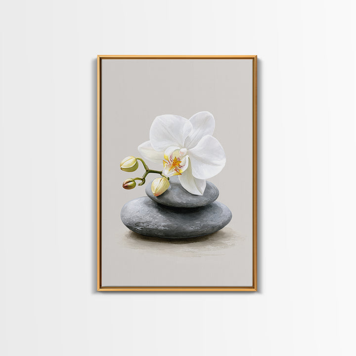 White Orchid on Smooth Gray Stone Canvas Print, Spa Art, Abstract, Spa Decor, Fine Art, Serenity, City Art, Spa Wall Art, SPA-2x3-58