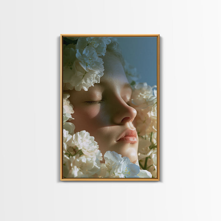 Minimal Face with Closed Eyes and Flowers Framed Canvas Print, Spa Art, Animal Art, Spa Decor, Watercolor Art, Serenity, SPA-2x3-75