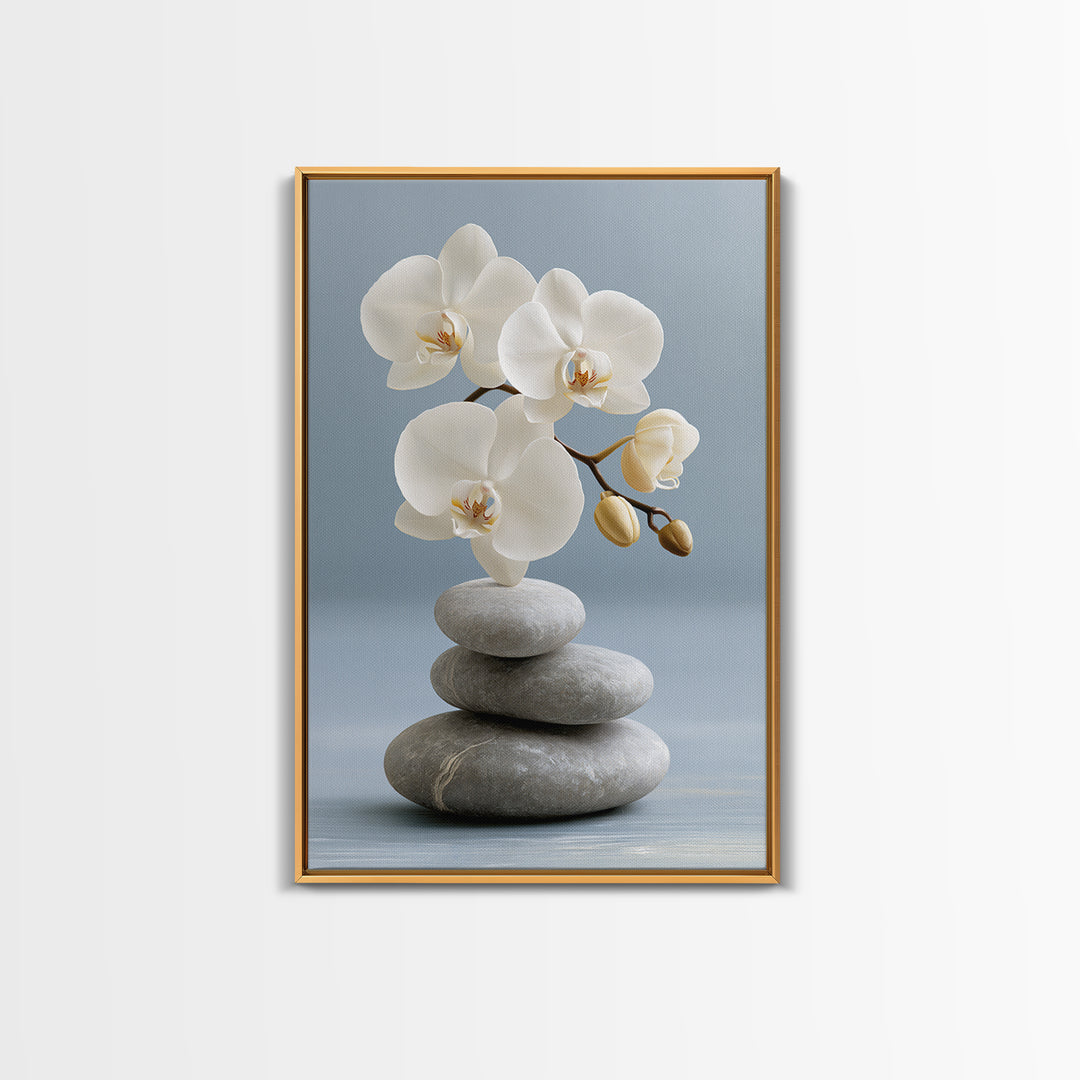 White Orchid on Smooth Gray Stone Canvas Print, Spa Art, Abstract, Spa Decor, Fine Art, Serenity, City Art, Spa Wall Art, SPA-2x3-82