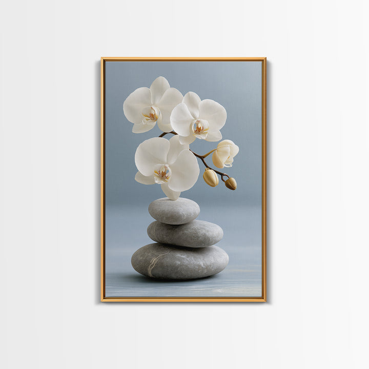 White Orchid on Smooth Gray Stone Canvas Print, Spa Art, Abstract, Spa Decor, Fine Art, Serenity, City Art, Spa Wall Art, SPA-2x3-82