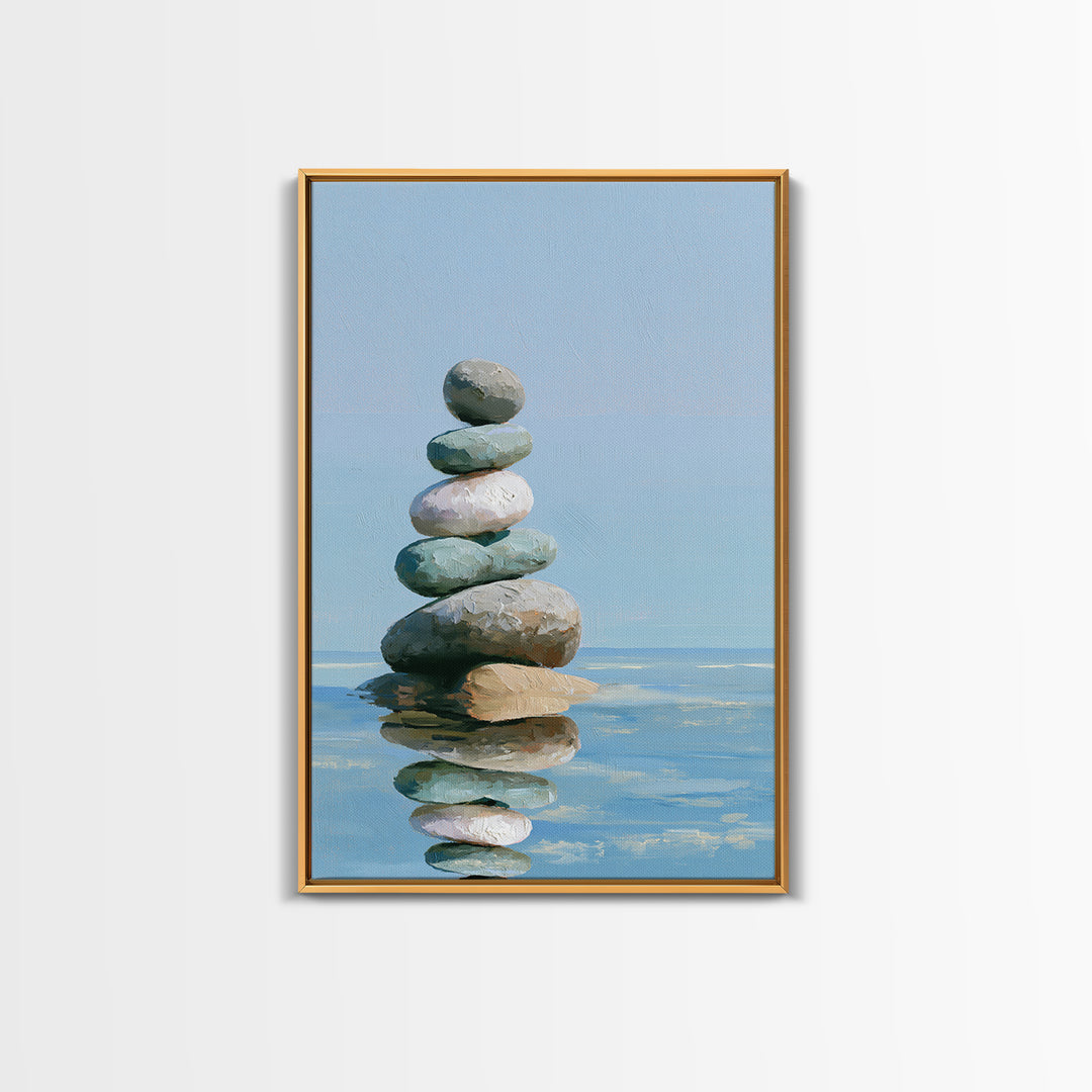 Stacked Stones Beside Calm Water Canvas Print, Spa Art, Travel Poster, Spa Decor, Fine Art, Serenity, Salon Decor, City Art, SPA-2x3-9