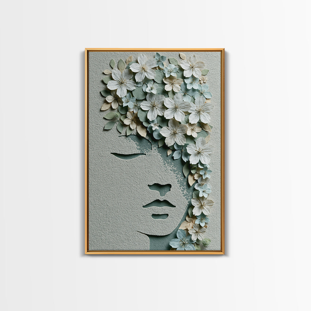 Minimal Face with Closed Eyes and Flowers Canvas Print, Spa Art, Spa Wall Art, Spa Decor, Watercolor Art, Serenity, SPA-2x3-99