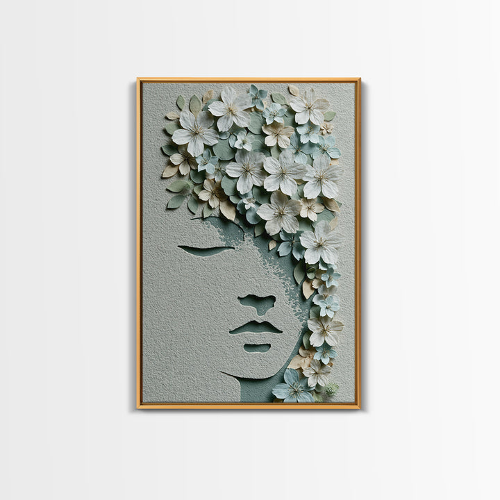 Minimal Face with Closed Eyes and Flowers Canvas Print, Spa Art, Spa Wall Art, Spa Decor, Watercolor Art, Serenity, SPA-2x3-99