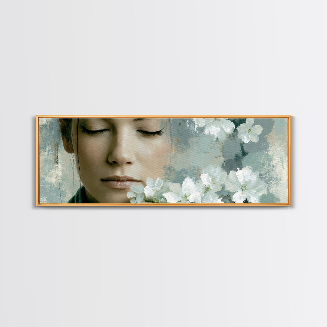 Minimal Face with Closed Eyes and Flowers Canvas Print, Spa Art, Wildlife Wall Art, Spa Decor, Serenity, Minimalist Decor, SPA-3x1-11