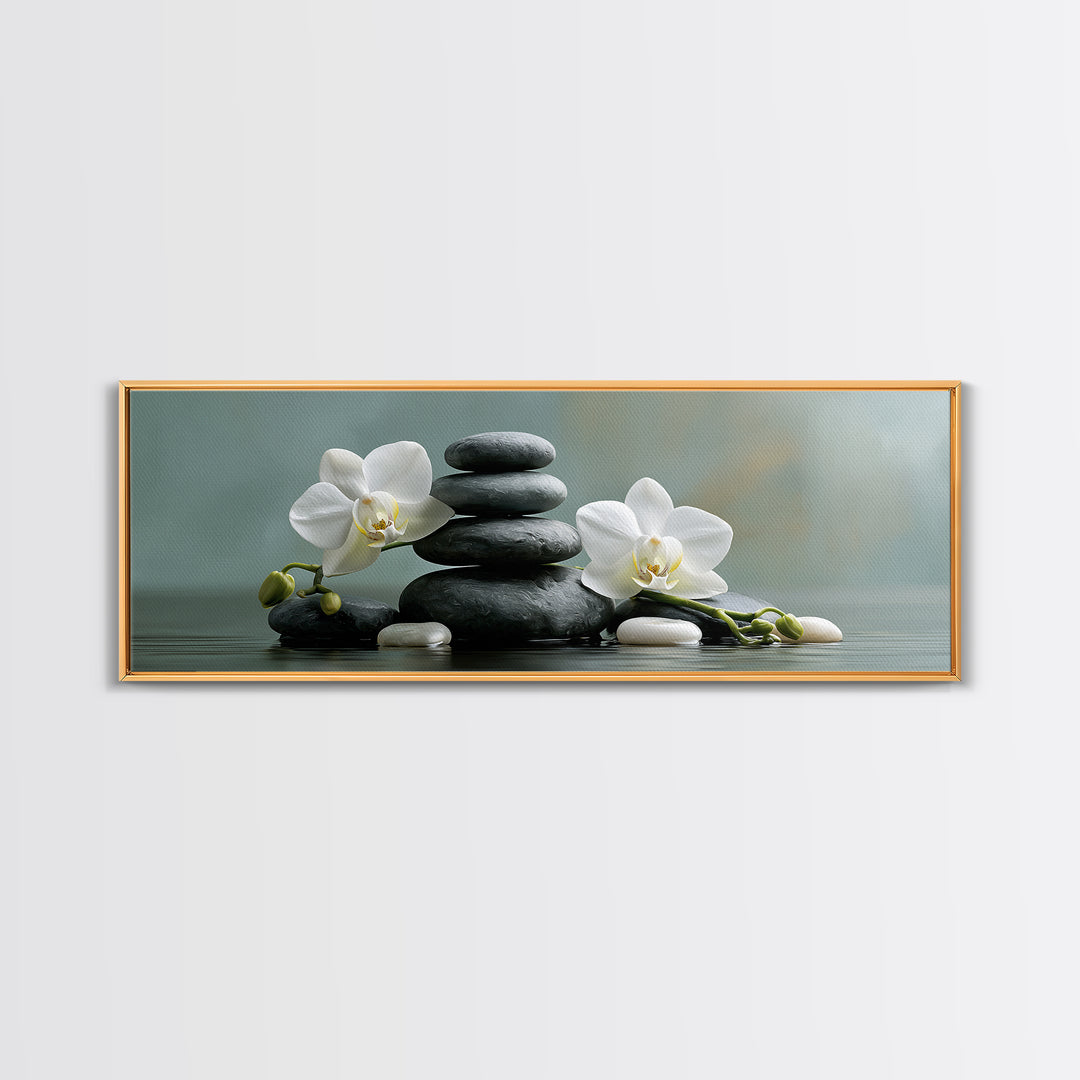 White Orchid on Smooth Gray Stone Framed Canvas Print, Spa Art, Dog Wall Art, Spa Decor, Fine Art, Serenity, Dog Canvas, SPA-3x1-18